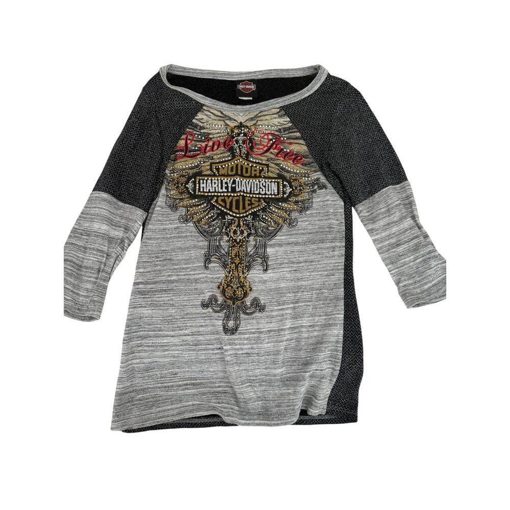 Harley 
Davidson Live Free Rhinestone Embellished Raglan Top Size Small Made USA